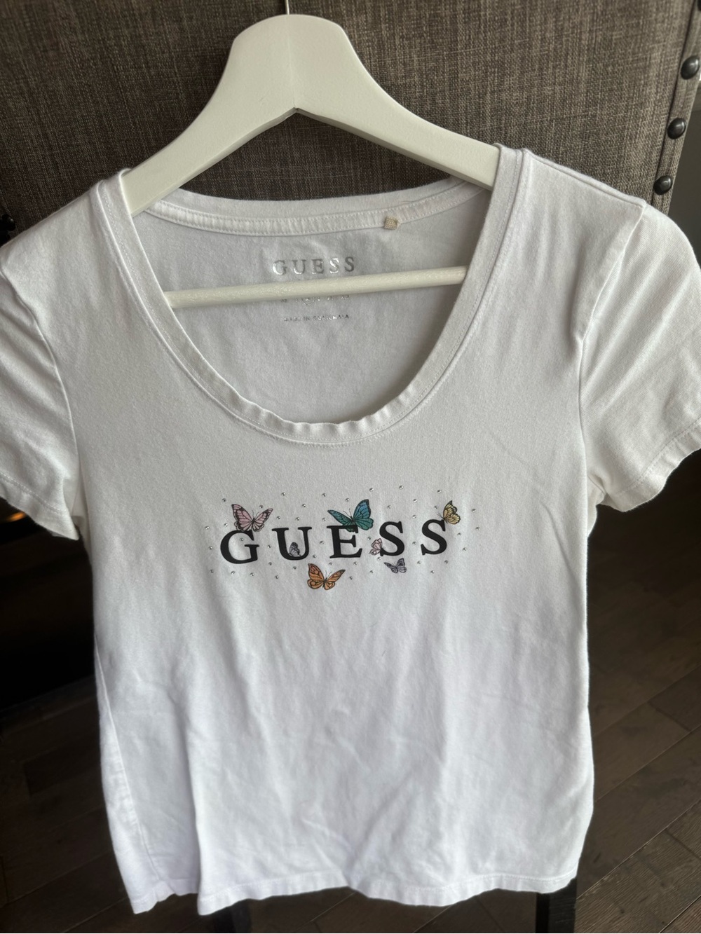 GUESS White Scoop Neck Tee with Multicolor Butterfly Logo